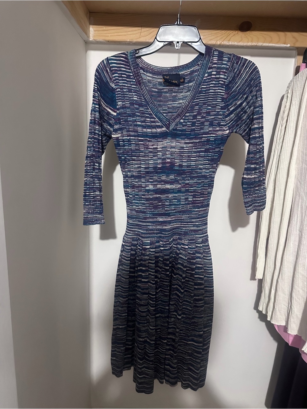 Just...Taylor Navy Multi V-Neck Striped Knit Long Sleeve Dress